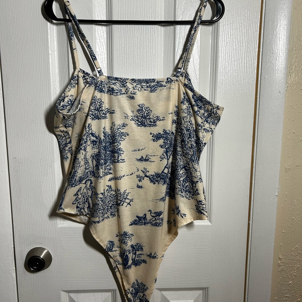 Cider Corset 1XL Bodysuit Toile Print Blue White Bustier Top Cottagecore - Picture 2 of 12